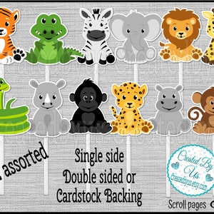 Jungle Cupcake Toppers Safari Baby shower toppers Birthday party favors cupcake picks Double Sided cupcake topper zoo toppers 12 assembled