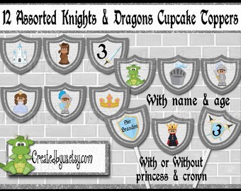 May include: Twelve assorted cupcake toppers featuring knights, dragons, and castles. The toppers are printed on white cardstock and have a silver glitter background. The toppers are designed to be used for a knight or dragon themed party.