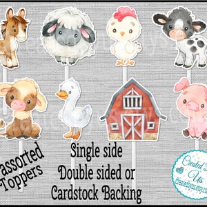 May include: Twelve assorted farm animal cupcake toppers, including a horse, sheep, chicken, cow, duck, barn, and pig. The toppers are printed on cardstock and are single-sided.
