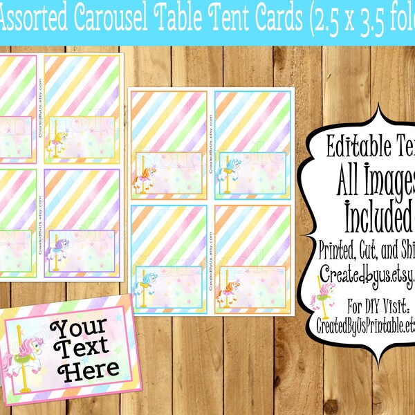 Carousel food tent cards baby Shower tent cards Name cards Table place cards Table Carnival birthday decorations Table Labels  12 PRECUT