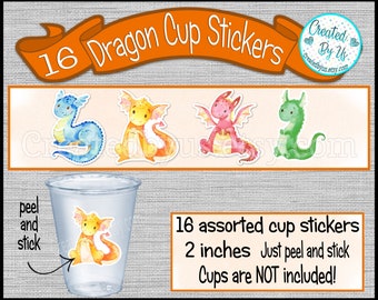 Dragon party cup stickers Dragon baby shower stickers Disposable cup stickers Baby dragon decals Dragon Birthday party treat bag stickers