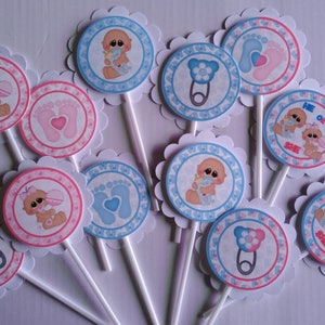 Gender reveal cupcake Toppers Unisex baby shower Cupcake picks Cake toppers Cupcake tops Food picks Baby Gender party ideas  12 assembled