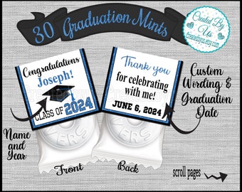 Graduation Mint Favors Blue Black Graduation Party mints Class of 2024 Printed Mint Topper Personalized Party Favors Thank you favors Precut