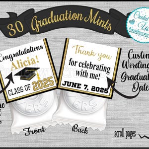 Graduation Mint Favors Class of 2025 Printed Mint Topper Black Gold Graduation Party mints Personalized Party Favors Thank you favors Precut