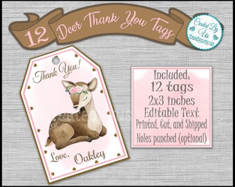 Baby deer Thank you tags birthday party tags PERSONALIZED Oh Deer baby shower floral deer Party favors Editable Custom gift tags 12 PRECUT