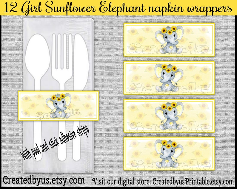 Sunflower Baby girl Elephant Napkin wraps Baby shower Decoration Baby elephant napkin bands Paper napkin ring holder utensil