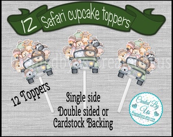 Jungle Safari Cupcake Toppers Safari Baby shower toppers Jungle Birthday party favors cupcake picks Double Sided cupcake topper 12 assembled