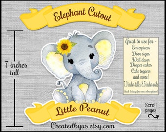 Little Peanut Girl Sunflower Girl Elephant centerpiece cutout Party decoration It's a girl baby shower Sunflower Elephant cake topper 7x8.50