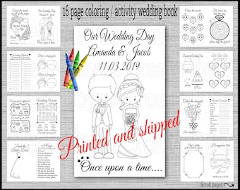 May include: A 16-page coloring and activity book for a wedding. The cover features a cartoon bride and groom with the text "Our Wedding Day Amanda & Jacob 11.03.2019". The book includes activities such as word searches, mazes, and coloring pages.
