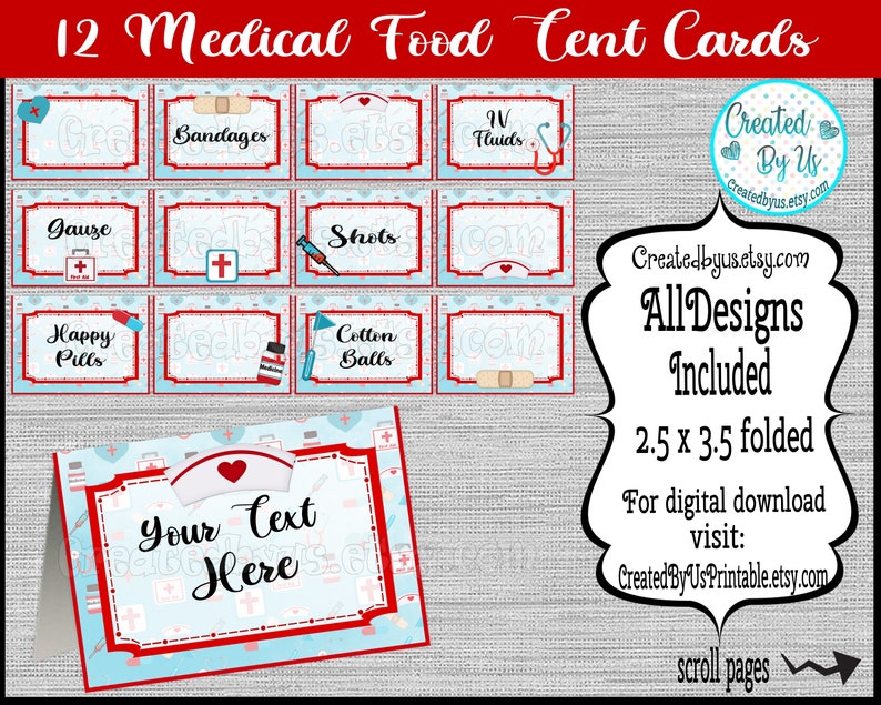 Medical food cards Nursing Table place cards Hospital Table decorations food tent cards Medical party place cards Table Labels 12 PRECUT image 1