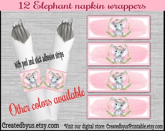 Baby girl Elephant Napkin wraps Baby girl shower Decoration pink Baby elephant napkin bands Paper napkin ring holder utensil wrap 12 printed