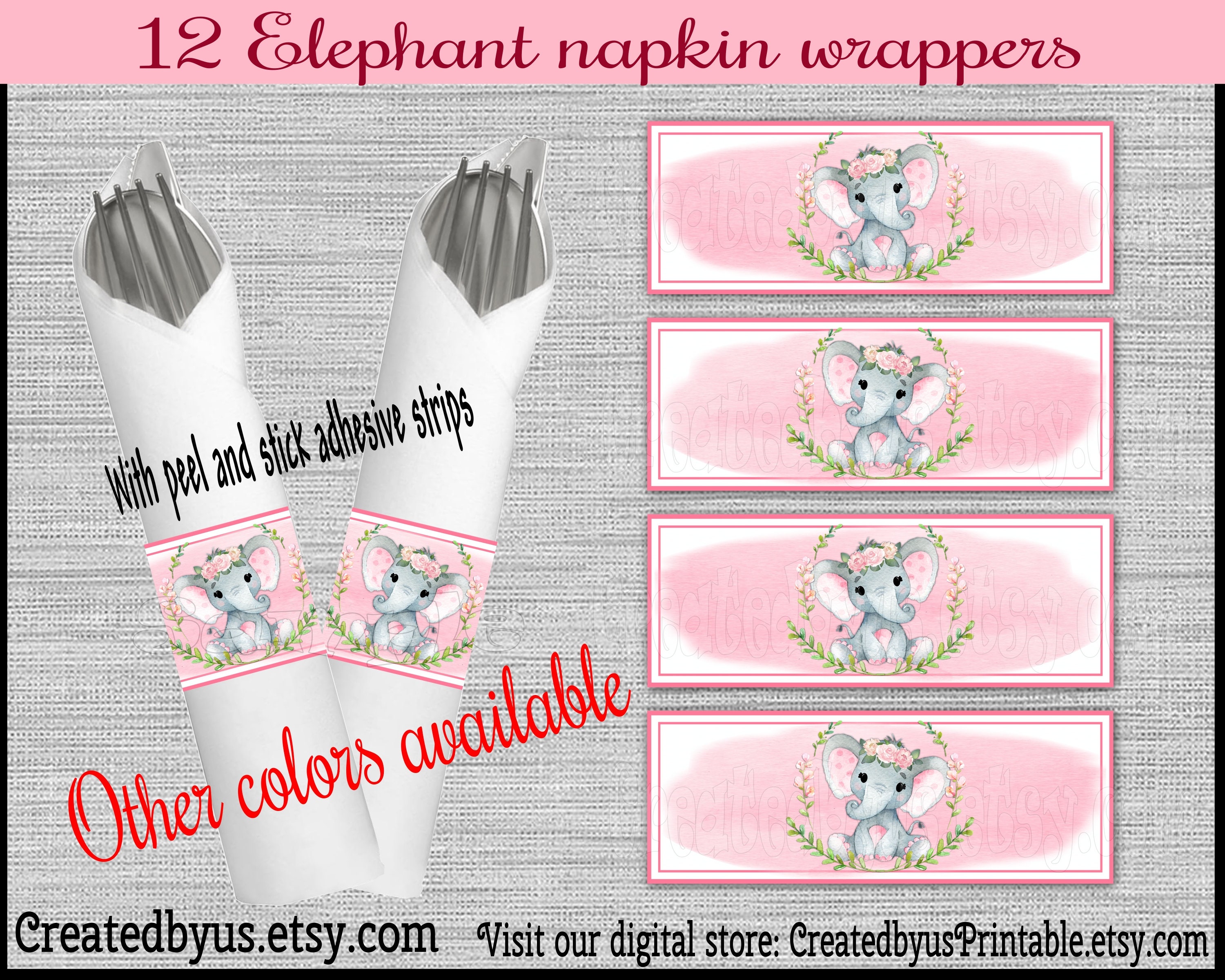 Baby girl Elephant Napkin wraps Baby girl shower Decoration pink Baby elephant napkin bands Paper napkin ring holder utensil