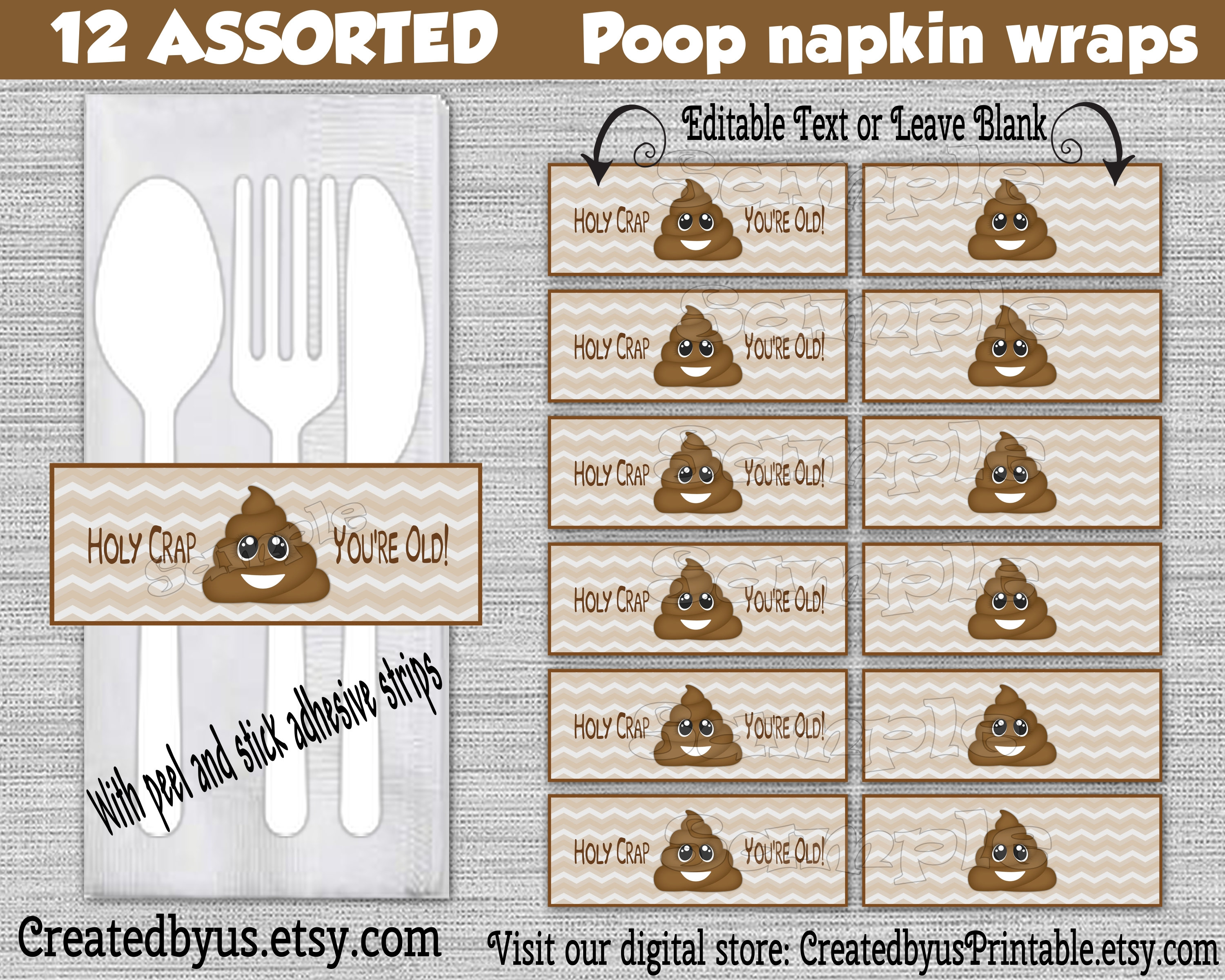 Poop Napkin wraps Holy crap youre old Birthday Decorations Over the hill napkin bands Paper napkin ring holders wrappers 12