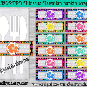 May include: Twelve assorted hibiscus Hawaiian napkin wrappers with peel and stick adhesive strips. The wrappers feature a colorful hibiscus flower design with a black background. The text "Createdbyus.etsy.com" and "Visit our digital store: CreatedbyusPrintable.etsy.com" is printed on the bottom of the image.