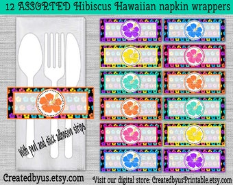 Hibiscus Napkin wraps Hawaiian Baby shower Decorations Birthday napkin bands Paper napkin ring holder utensil wrapper 12 peel and stick