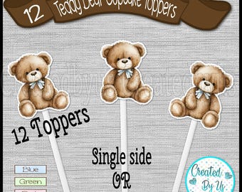 Teddy bear Cupcake Toppers Teddy bear baby shower Teddy bear Birthday party favors cupcake picks Double Sided cake toppers 12 assembled