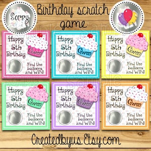 Happy Birthday Scratch Off Cards Birthday Party game cards Party Scratch off tickets lottery game card cupcake girl birthday game 12 Precut