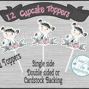Baby Girl Cow Cupcake Toppers Little cow Baby shower party Cow girl cupcake picks Double Sided cake toppers Floral Cow party 12 assembled