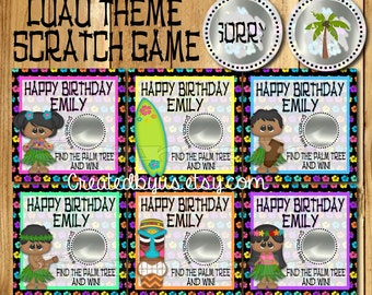 Laua Party game card Hawaiian Luau Birthday game Happy Birthday Scratch Off Cards Luau theme Party Scratch off ticket lottery card 12 Precut