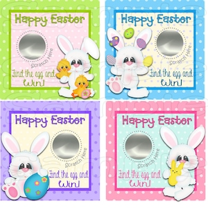 May include: Four colorful scratch-off cards featuring a white bunny holding an Easter egg. Each card says "Happy Easter" and "Find the egg and win!"
