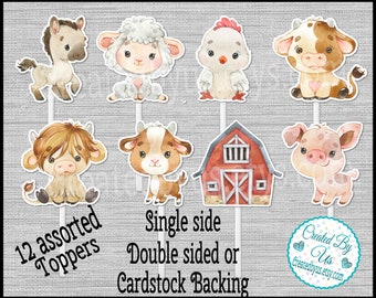 Baby Farm animal Cupcake Toppers Farm Baby shower food pick Barnyard themed Birthday party cupcake picks Double Sided toppers 12 assembled