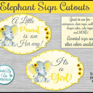 Baby Girl Yellow sunflower elephant cutouts Baby Elephant cake topper It&#39;s a Girl / A little Peanut Baby Shower centerpiece decor door sign