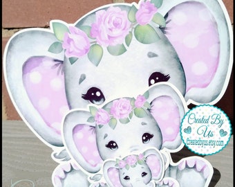 Girl Elephant baby shower decorations Baby girl first birthday Floral Elephant baby shower cutouts Baby elephant party decor 18 Die cuts