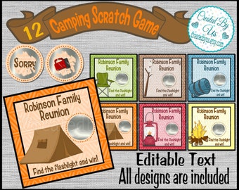 Camping game Camping Reunion game Camping Scratch Off Cards Birthday Party game cards lottery card camping birthday game activity 12 Precut