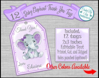 Baby girl Elephant Thank you tags birthday party tags Sleeping Elephant baby shower Party favors PERSONALIZED Custom gift tags 12 PRECUT