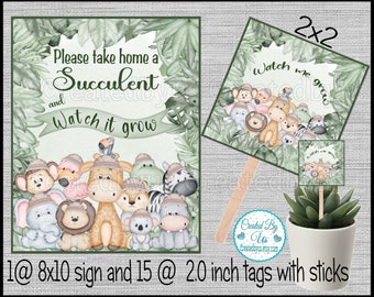 Baby Jungle Watch me grow Succulent tags succulent favors Safari Jungle Baby shower favors Baby succulent tag Baby Zoo favor baby gift favor