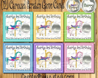 Carousel Birthday game Happy Birthday Scratch Off Cards Carousel Party ideas game cards Party Scratch off tickets lottery cards 12 Precut