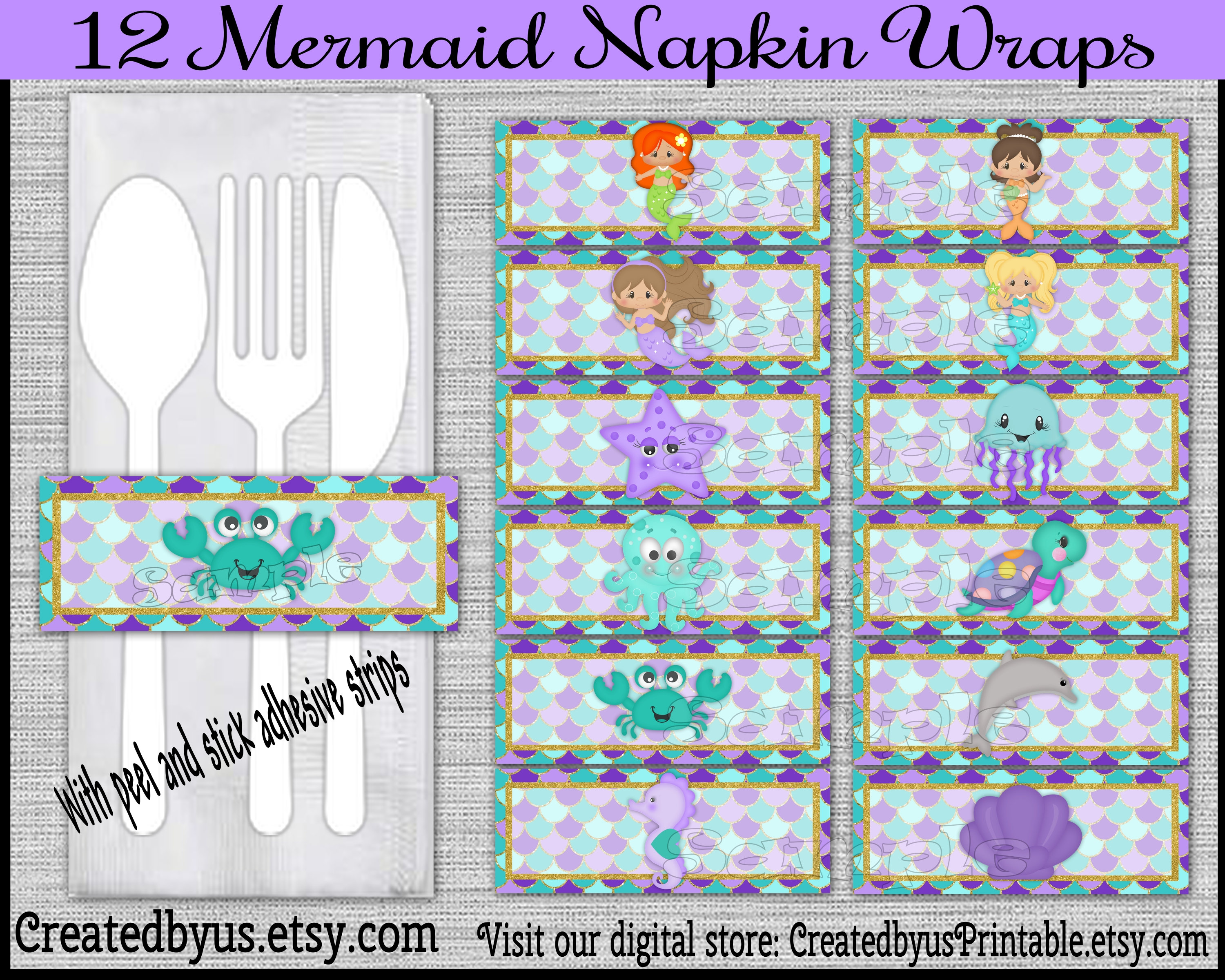 Mermaid napkin wraps Baby shower Decorations mermaid Birthday napkin bands Paper napkin ring holder Birthday utensil wrapper