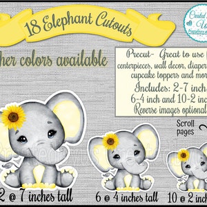 Baby Girl Sunflower Elephant cutouts party decorations Girl elephant baby shower It&#39;s a girl Yellow Elephants 1st Birthday decor 18 Die cuts