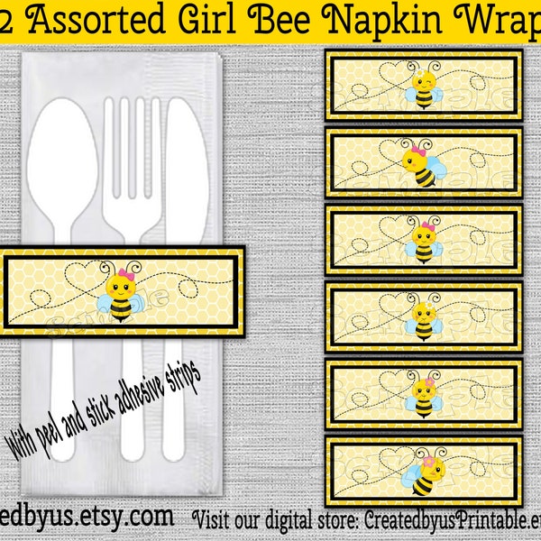 Bee Napkin wrappers Baby Girl Bee Birthday Decorations Bee day napkin bands Paper napkin rings Bumble bee utensil wraps 12 peel and stick