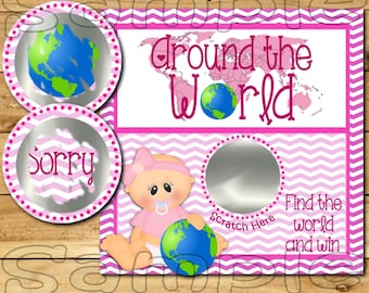 Around the world Scratch off cards Baby girl Shower Game Scratch tags Party Scratch off game Favor Invitations Scratch off 12 Precut printed