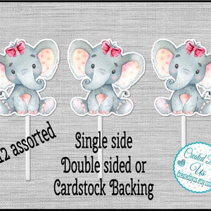 Girl Elephant Cupcake Toppers Watercolor Cute elephant Baby shower Birthday party favors cupcake picks Double Sided cake topper 12 assembled