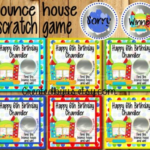 Bounce House Birthday game Happy Birthday Scratch Off Cards Boy Jump Party game cards Party Scratch off tickets lottery cards 12 Precut