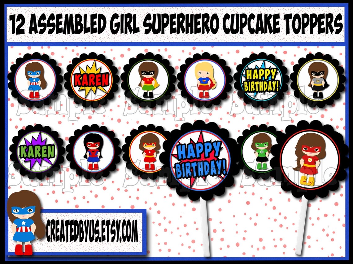Girl Superhero Cupcake Toppers Super Hero Birthday Party Etsy