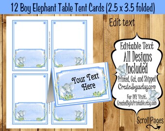 May include: Twelve blue and white table tent cards featuring a gray elephant illustration. The cards are 2.5 inches by 3.5 inches when folded. The text on the cards reads "Your Text Here".