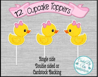 Baby Girl rubber duck Cupcake Toppers Girl Baby duck Baby shower party rubber duck cupcake picks Double Sided cake toppers 12 assembled