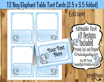 May include: Twelve blue and white table tent cards with a gray elephant illustration. The cards are 2.5 inches by 3.5 inches when folded. The text on the cards reads "Your Text Here".
