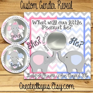 Gender Reveal scratch off cards Baby Pregnancy announcement cards Elephant gender game Baby boy Baby girl he she favors 12 Precut Printed