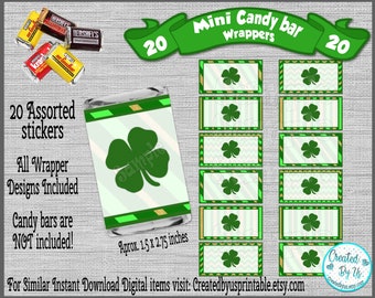 St Patricks day mini candy bar stickers St. Patricks Baby shower Decoration Shamrock candy bar wraps candy bar wrapper 20 ct. peel and stick
