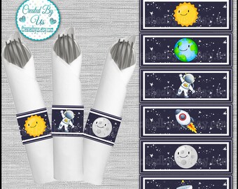 Space Napkin wrappers Space napkin bands Outer space birthday party decorations  Paper napkin ring holder utensil wrapper 12 peel and stick