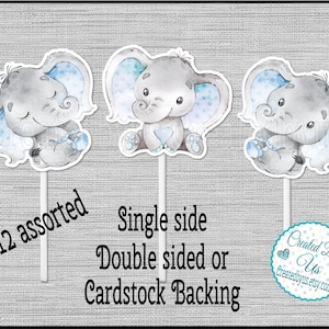 Baby Boy Elephant Cupcake Toppers Watercolor Cute blue elephant Baby shower Birthday party cupcake picks Double Sided cake top 12 assembled