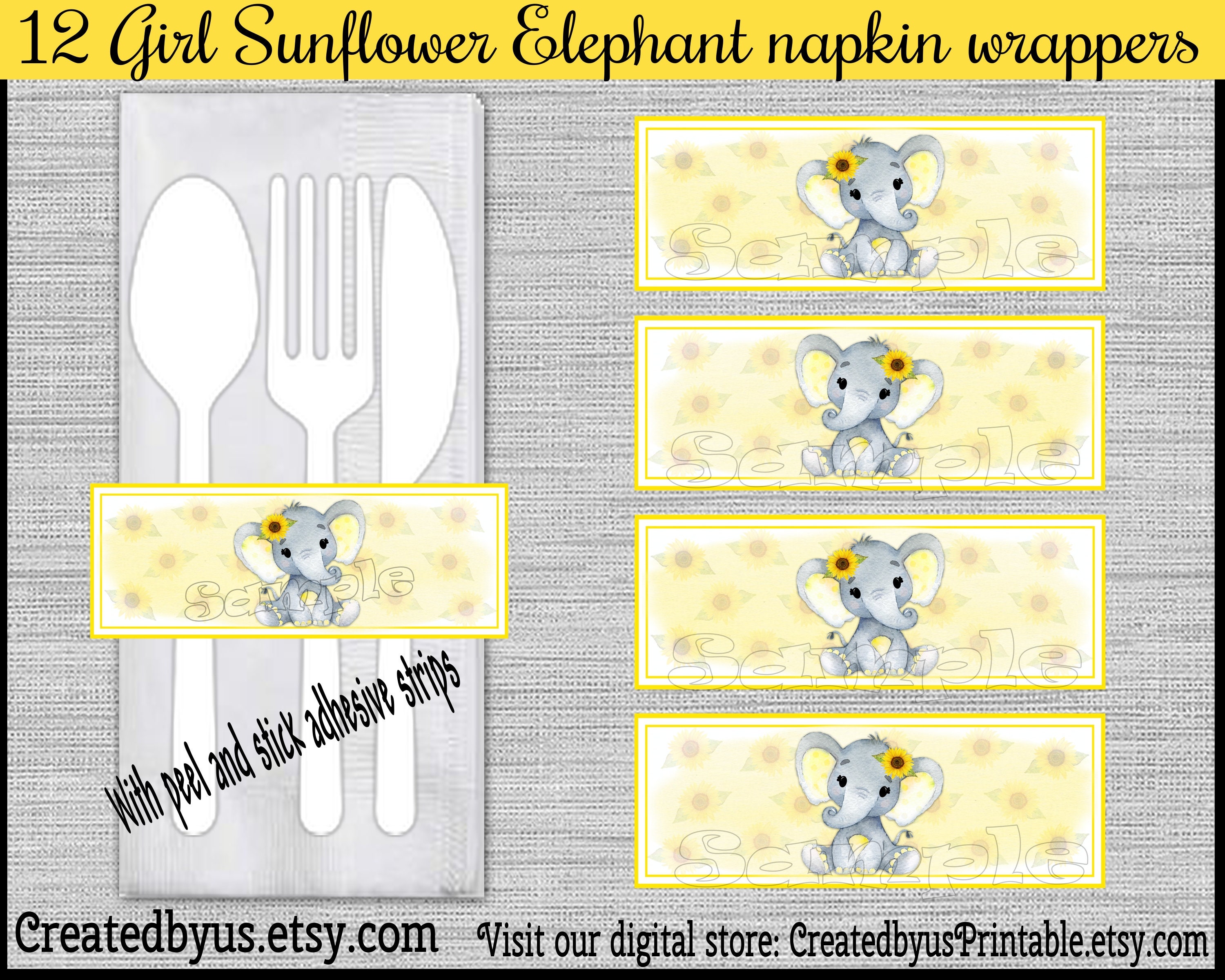 Sunflower Baby girl Elephant Napkin wraps Baby elephant napkin bands Baby shower Decoration Paper napkin ring holder utensil