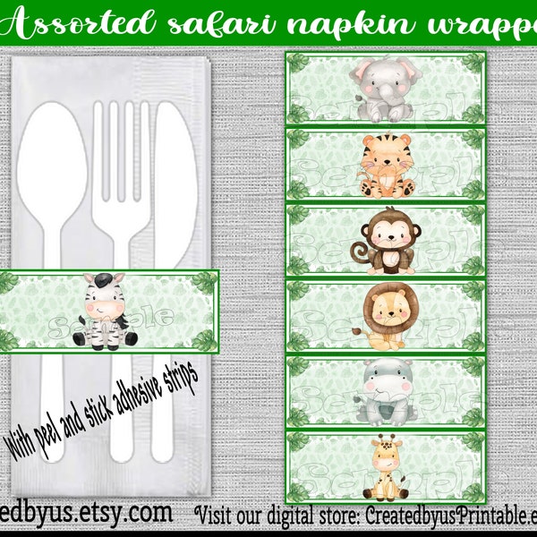 Jungle Safari Napkin wraps Baby shower Decorations Baby Zoo napkin bands Safari Paper napkin ring holders Jungle utensil wraps 12 printed