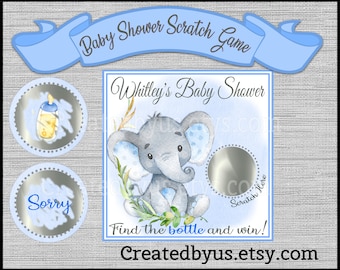 Baby Boy Elephant Shower game Boy baby shower ideas Custom game cards Baby shower Scratch off card Scratch off favors 12 Precut printed