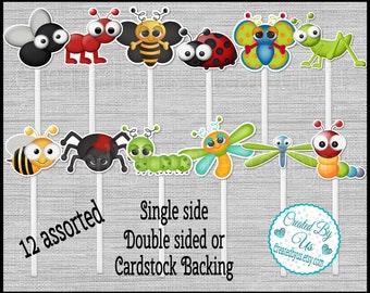 Bug cupcake toppers Insect Birthday party favors cupcake picks Double Sided Bug cake topper Insect cup cake tops Baby shower 12 assembled