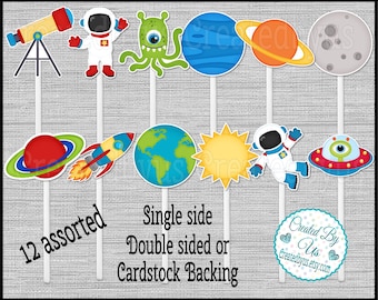 Space cupcake toppers Space Birthday party favors cupcake picks Double Sided cake topper Astronaut cup cake tops Baby shower 12 assembled